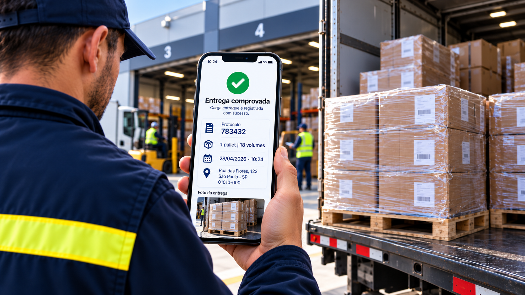 Profissional de logística com jaqueta e faixa refletiva registra a comprovação de entrega no smartphone, com volumes e pallets ao fundo