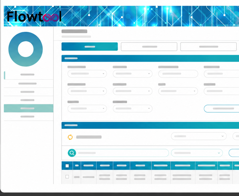 Captura real de tela do FlowTool: menu lateral, filtros e listagem de cadastros operacionais