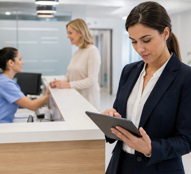 Profissional realizando auditoria operacional com tablet em ambiente de recepção clínica.