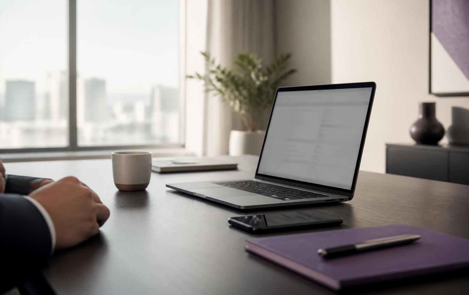 Mesa executiva com notebook aberto e celular ao lado, em um escritório iluminado